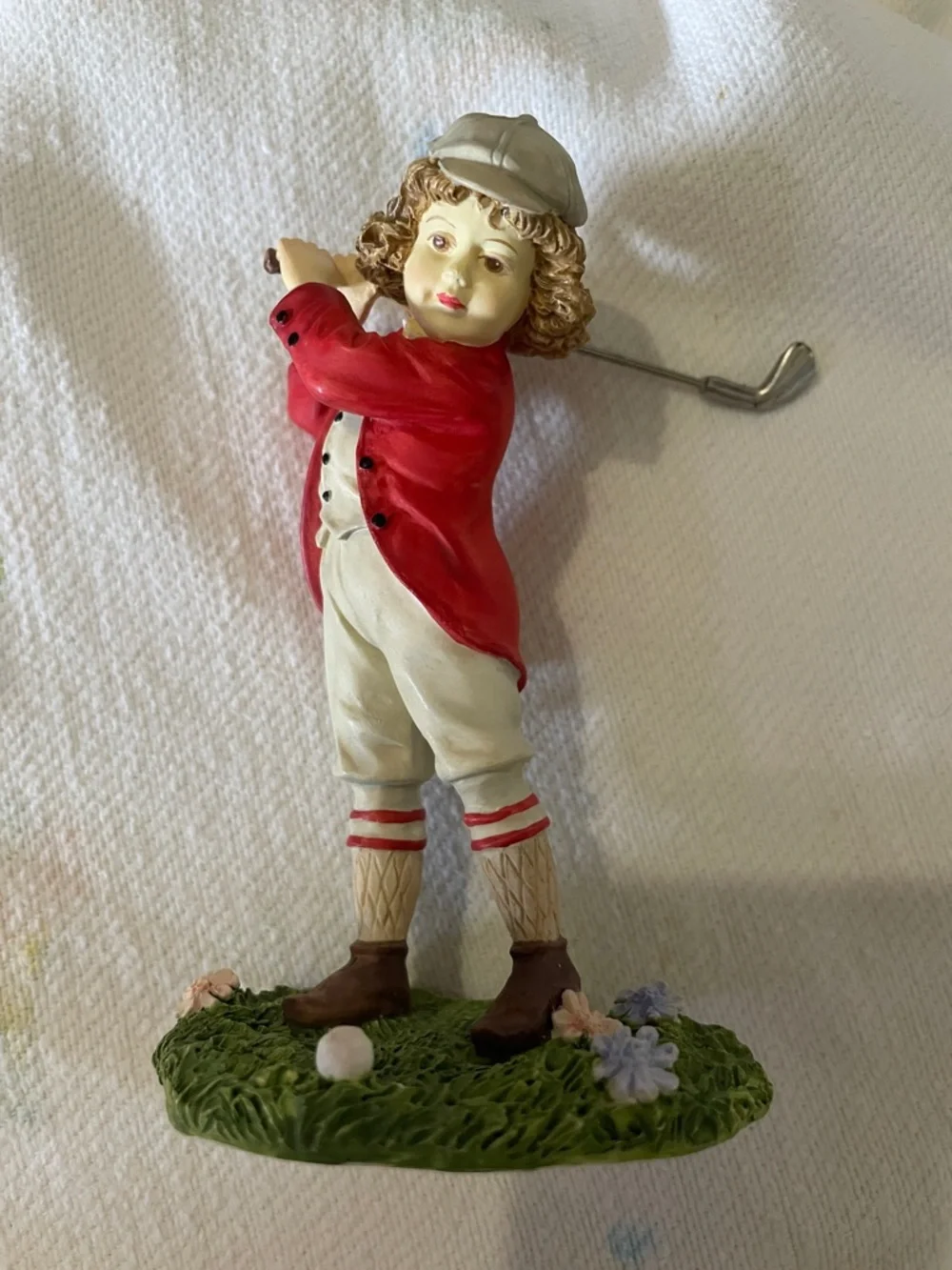 Vintage-Inspired Ceramic Golfer Figurine in Red and Cream